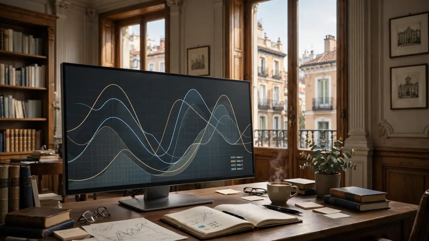 Gráficos de mercados financieros europeos en un monitor, con curvas abstractas de índices