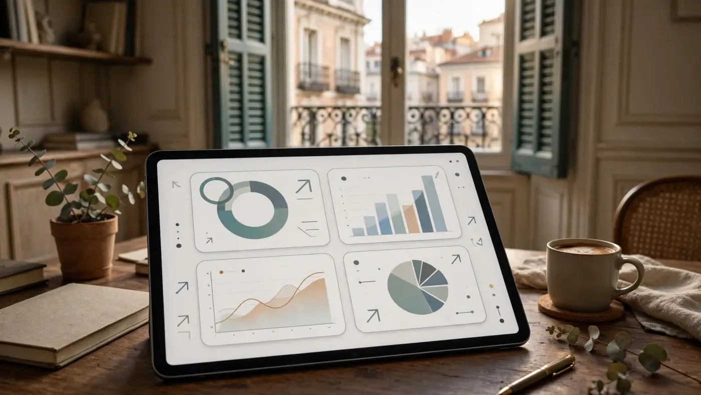 Panel financiero interactivo en una tableta con gráficos abstractos