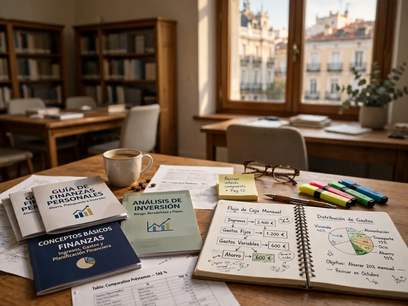 Materiales educativos sobre un escritorio: guías de finanzas impresas, cuaderno con diagramas y subrayadores