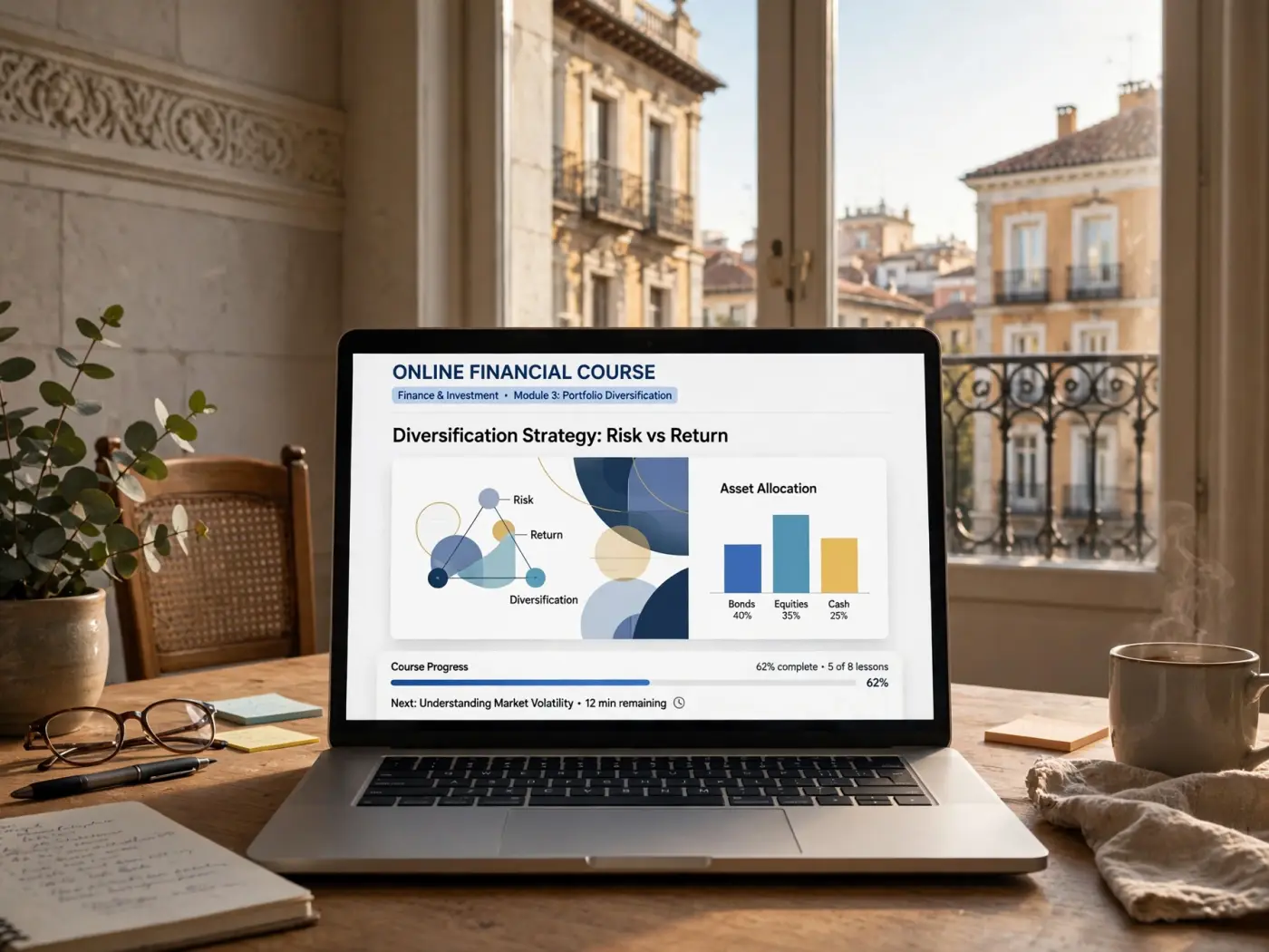 Curso de finanzas en línea en la pantalla de un portátil con diapositivas abstractas y barra de progreso